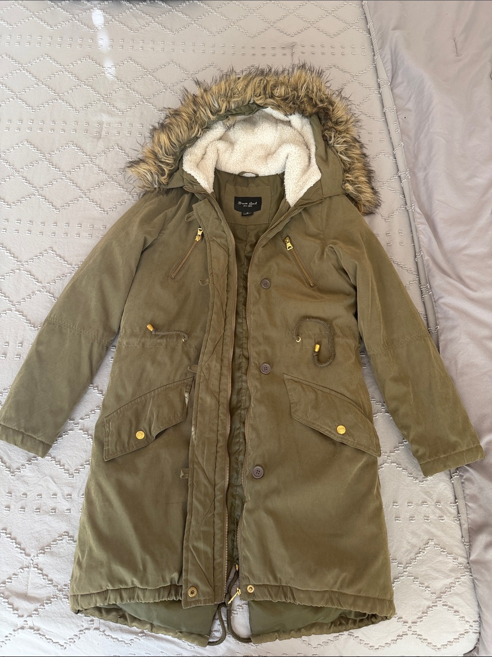 Brave soul- Olive Green Faux-Fur Trim Parka Jacket - Women